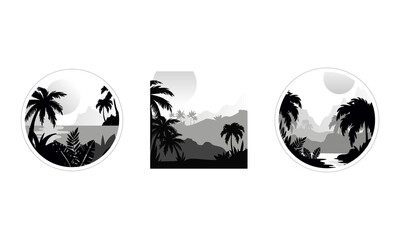 Beautiful Tropical Mountain Landscape Set, Monochrome Rainforest Scenery with Palm Trees, Sky and Sun in Geometric Shapes Vector Illustration