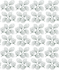 Seamless repeating pattern, five-leafed branch with flowing leaves. Contour dark green objects on a white.
