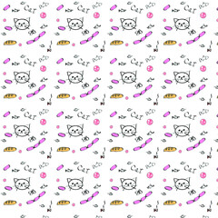 Doodle cat vector pattern. Mouse, fish, sausage, bread.