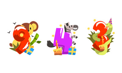 Birthday Anniversary Numbers with Cute Animals Set, Funny Koala, Zebra, Snake with Nine, Four, Three Numbers Cartoon Vector Illustration