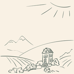 Idyllic rural landscape doodle. Secluded cozy house stands among the hills with mountains on the distance in sunny day, Vector illustration simple drawing