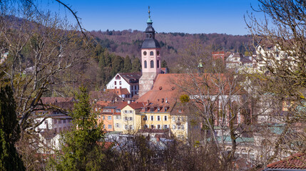 View of the collegiate church in Baden Baden. Seen from Anna  mountain. Baden Wuerttemberg, Germany, Europe