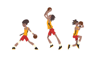 Fototapeta na wymiar African American Man Playing Basketball Set, Male Athlete Character in Sports Uniform Running and Jumping with Ball Cartoon Vector Illustration