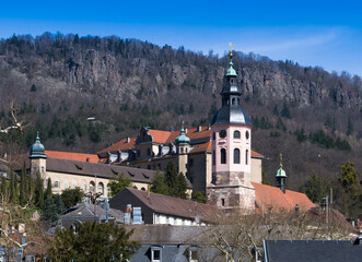 View of the collegiate church in Baden Baden. Seen from the theater. Baden Wuerttemberg, Germany, Europe