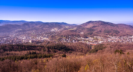Fototapeta premium View of the spa town of Baden Baden and the Black Forest. Seen from the battert rock. Baden Wuerttemberg, Germany, Europe