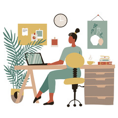 Young woman sitting at a laptop and communicates on social networks. Freelancer sits at a Desk and uses a laptop in a cozy room. Flat illustration in modern style