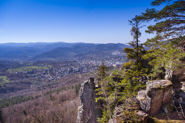 Fototapeta premium View of the spa town of Baden Baden and the Black Forest. Seen from the battert rock. Baden Wuerttemberg, Germany, Europe