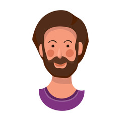 Portrait of a young man in full face. Bright blush, thick hair and beard. Vector flat illustration isolated on a white background.