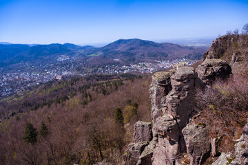 View of the spa town of Baden Baden and the Black Forest. Seen from the battert rock. Baden Wuerttemberg, Germany, Europe