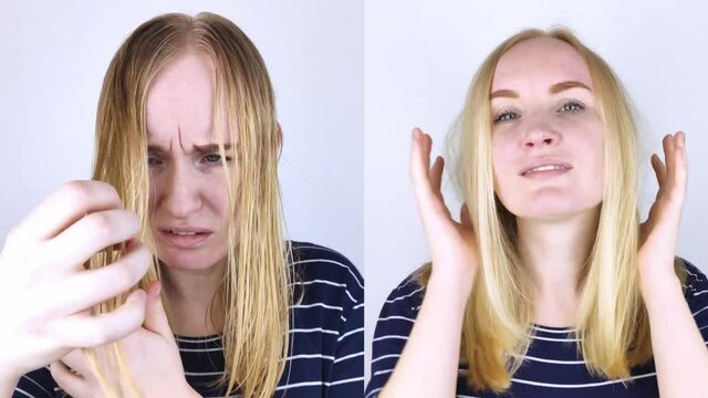 Before and after. The girl looks in front of the mirror at her oily hair. Problematic scalp and increased secretion of the sebaceous glands. Hair care. Oily hair care and treatment concept