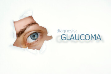 Woman`s eye looking trough teared hole in paper, word Glaucoma on left. Eye disease concept...