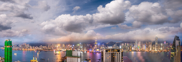 Amazing night panoramic view of Hong Kong skyline from Kowloon Tower