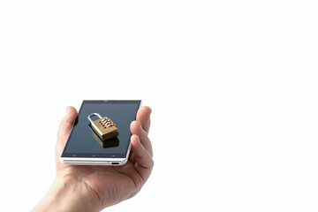  A man's hand holds a smartphone with a combination lock on it. Selective focus. Copy space.