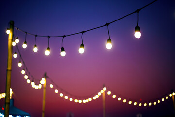 vintage light bulbs on string wire in twilight outdoors wedding event party