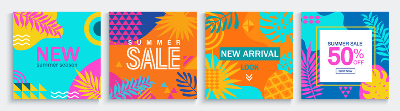 Sale summer flyers with geometric figures and tropical leaves for fashion retail.Abstract discount banners,cards with fluid shapes.Template for invitation,shopping,design,sales,web,offer.Vector