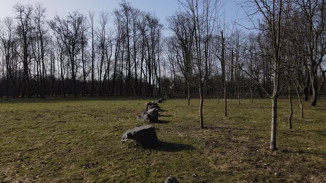Spring in Park. Flying at low altitude over large boulders in a row. The border of an ancient settlement.