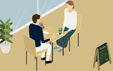 ウッド調のカフェのテラス席でお茶をする男女、アイソメトリック