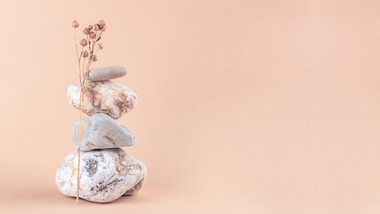 Dry flax plant and tower of stones  on a pastel pale pink background. Сoncept of harmony and balance. Copy space.