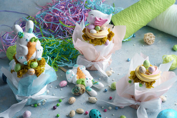 confectionery pastries, gingerbread and drawing made with the help of a pastry printer, Easter composition, Easter eggs, Easter bunny