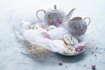 confectionery pastries, gingerbread and drawing made with the help of a pastry printer, Easter composition, Easter eggs, Easter bunny