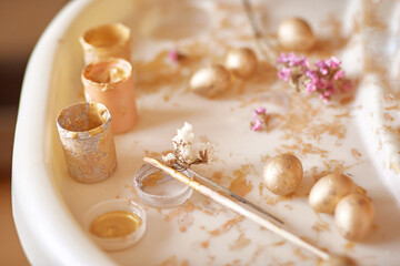 Preparing for Easter. Festive background beige. Easter card