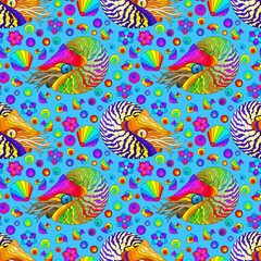 Seamless pattern with bright nautilus, shells and fish, animals on a blue background