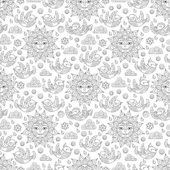 Seamless pattern with contour suns, clouds and birds, dark outlines on a white background
