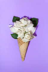 A bouquet of white roses instead of ice cream in a waffle cone on a purple background. Creative minimalism