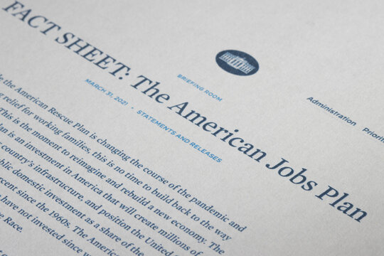 Portland, OR, USA - Apr 1, 2021: Closeup Of The Fact Sheet Copy Of The American Jobs Plan, The Infrastructure Plan By The Biden Administration Released On March 31, 2021.