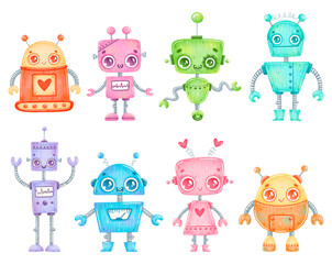 Illustration of cute cartoon robots set isolated on white