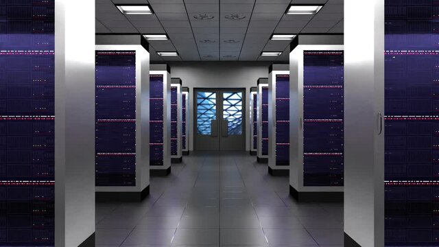 Data center with many rack servers standing in a row - hosting, storage concept - 3D 4k animation (3840x2160 px).