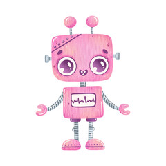 Illustration of cute cartoon pink robot isolated on white background