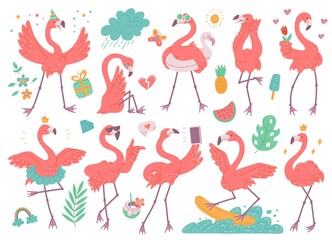 Set different emotion pink flamingos cartoon characters flat illustration isolated on white background.