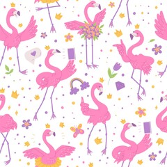 Cute pink flamingos princesses with crown on the head seamless pattern. African bird characters cartoon flat illustration on white background.