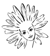 Fantasy portrait of cute girl with chamomile daisy flower petal hairstyle. Woman with flower on head. For print, cosmetics, concept, design. Hand drawn sketch, black line isolated on white background.