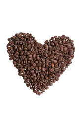 Heart made from roasted coffee beans. Isolated white background