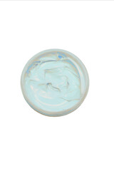 Blue cosmetic cream in round container. Top view, isolated white background