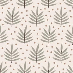 Abstract seamless pattern with leaves and geometric shapes