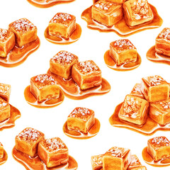 Watercolor seamless pattern salted caramel isolated on a white background.