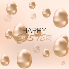 Easter poster or banner template with golden Easter eggs  in light beige background.  Greeting card trendy design. Vector illustration template for you poster or flyer.