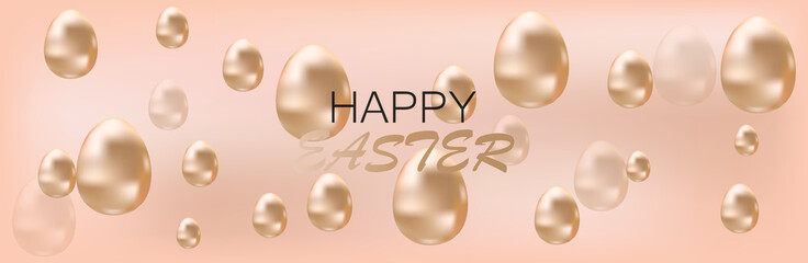 Easter poster or banner template with golden Easter eggs  in light beige background.  Greeting card trendy design. Vector illustration template for you poster or flyer.