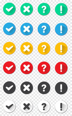 Collection round buttons with sign done, error, question mark, exclamation point. illustrations. set black and colorful badges for website and mobile apps