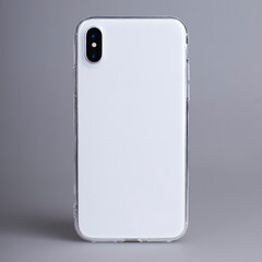 Clear iPhone X case mock up close up. Smart phone in transparent case back view isolated on gray...