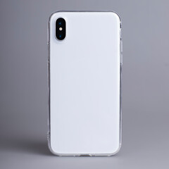 Clear iPhone X case mock up close up. Smart phone in transparent case back view isolated on gray background