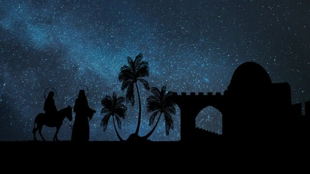 Journey to Bethlehem: Mary and Joseph Silhouette with Stars and Milky Way in Background