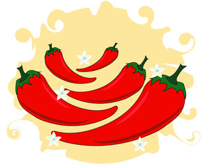 Five red hot peppers on a beige background