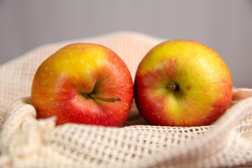 apples in an environmentally friendly bag, Eco friendly bag with red fresh apples with copy space, Fruit,Health,environment concept
