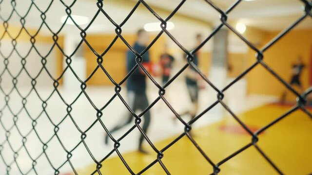 Blurred fighters do a warm-up, jogging around the gym, before training behind net fence. Unrecognizable fighters during training