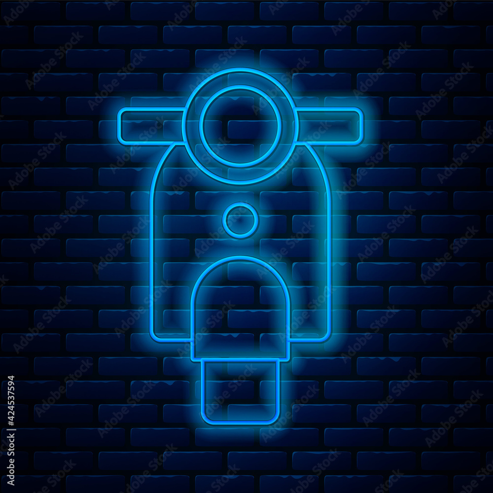 Sticker Glowing neon line Scooter icon isolated on brick wall background. Vector