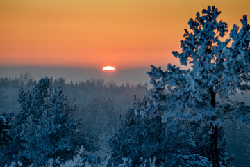 Winter sunset. Winter landscape with mountains in the background of the forest.